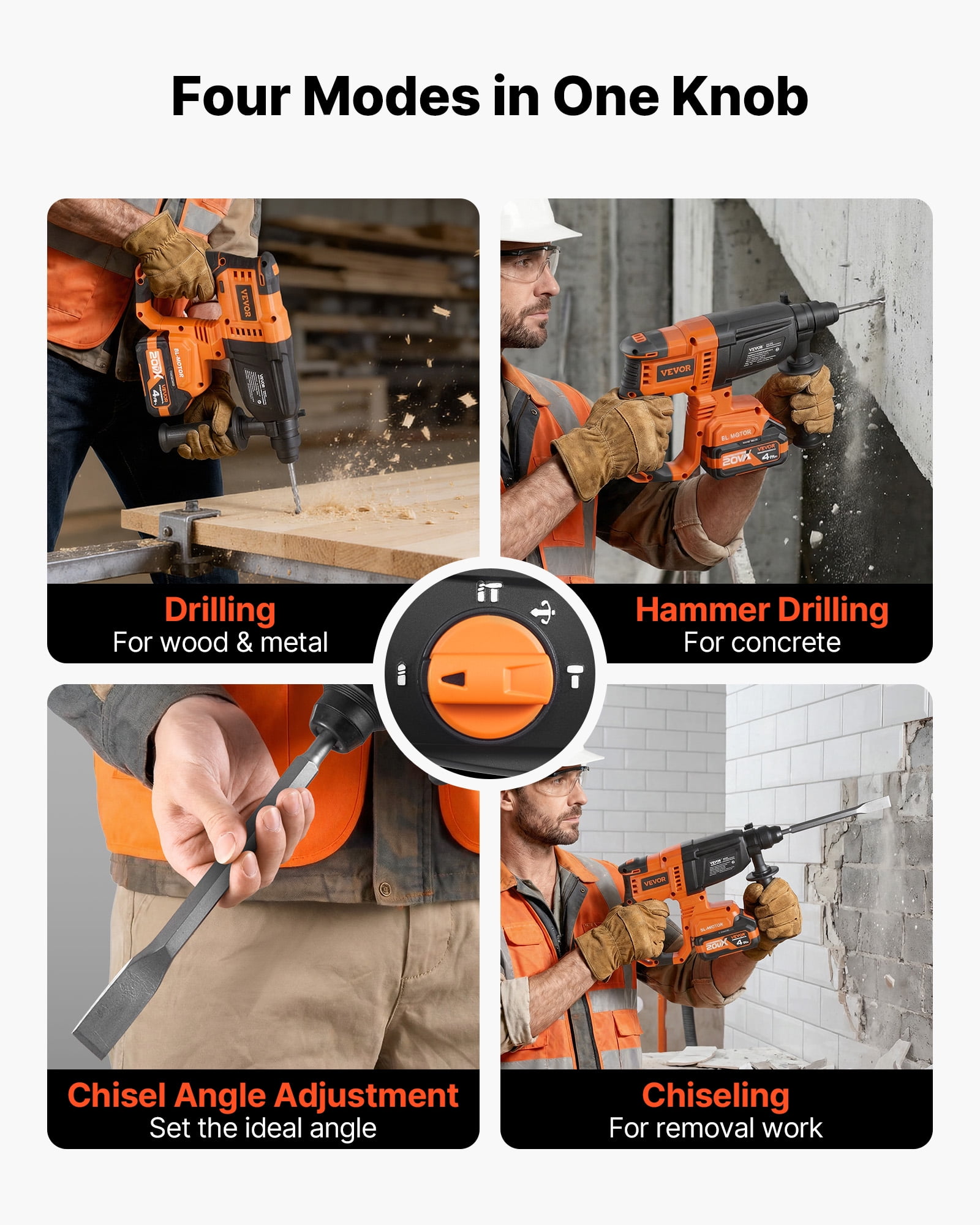 VEVOR Rotary Hammer Drill, 7/8 in SDS-Plus Cordless, 20V Battery Powered Rotary Hammer, Brushless, Including Battery, Charger, 3 Drill Bits, Flat Chisel, Pointed Chisel, Carrying Case, for Concrete