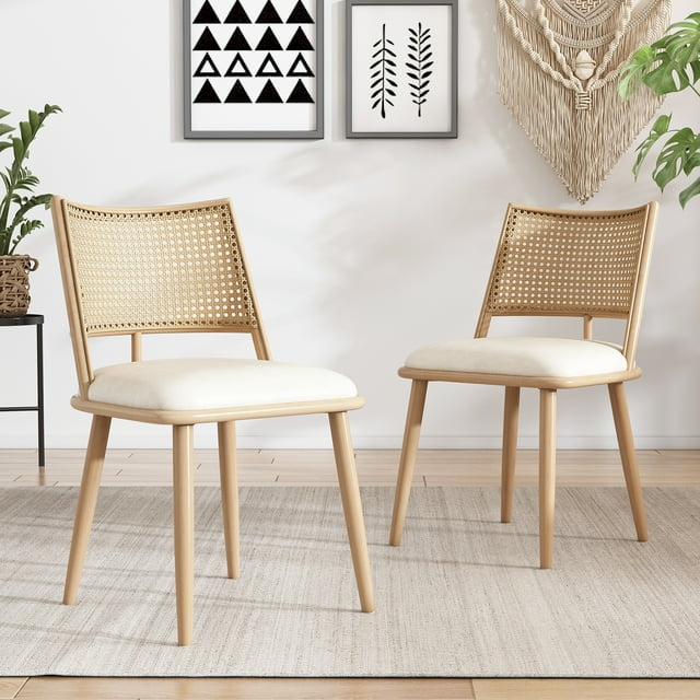 Noble House Modern Dining Chairs Set of 2, PU Upholstered Easy-Clean Seats with PE Rattan Back,Beige + Natural