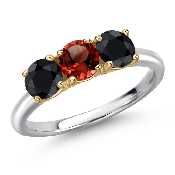 Gem Stone King 925 Silver and 10K Yellow Gold Red Garnet and Black Sapphire Engagement Ring for Women | 1.93 Cttw | Round 5MM | Gemstone January Birthstone | Size 9