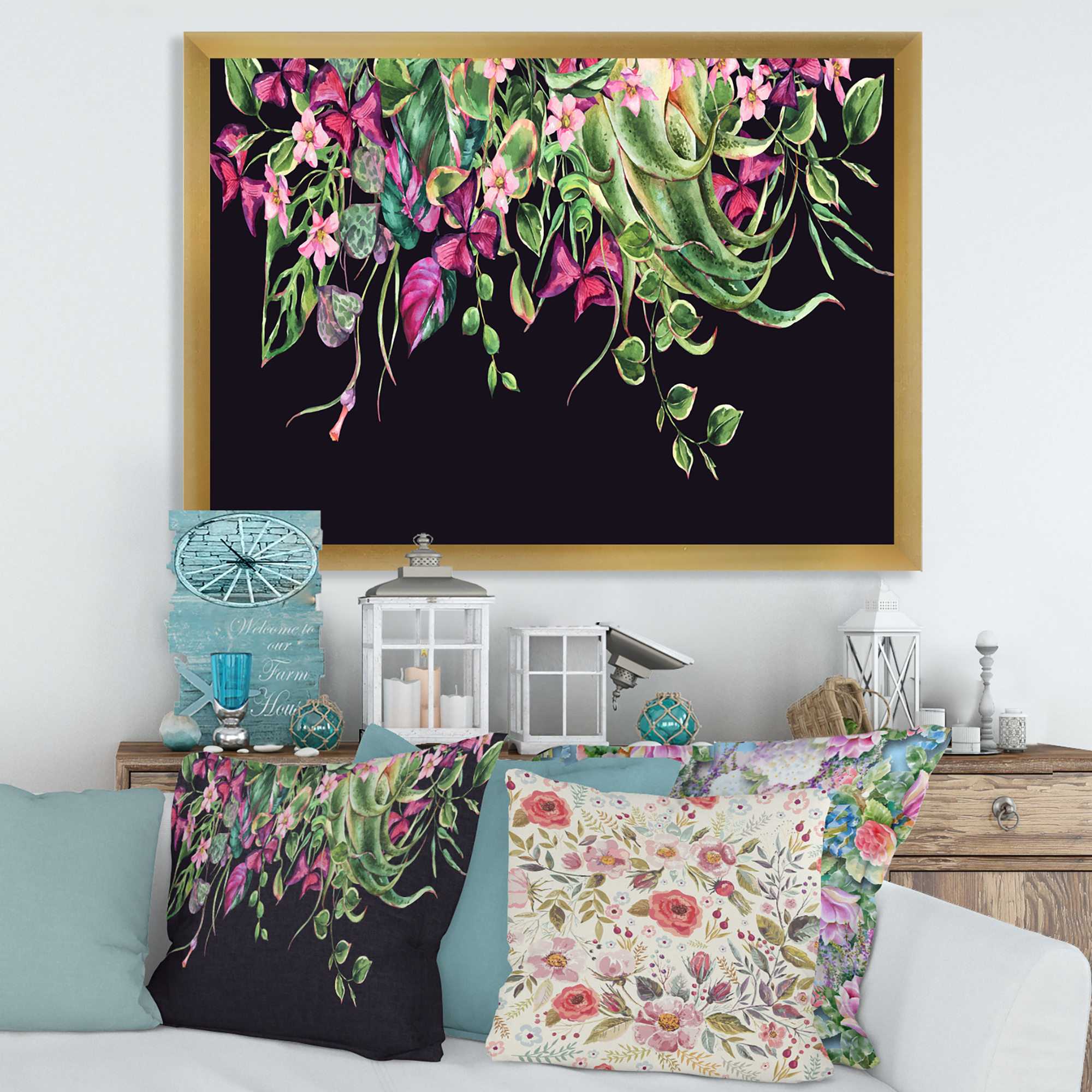 Designart 'Floral Tropical Leaves On Black Background' Farmhouse Framed Art Print