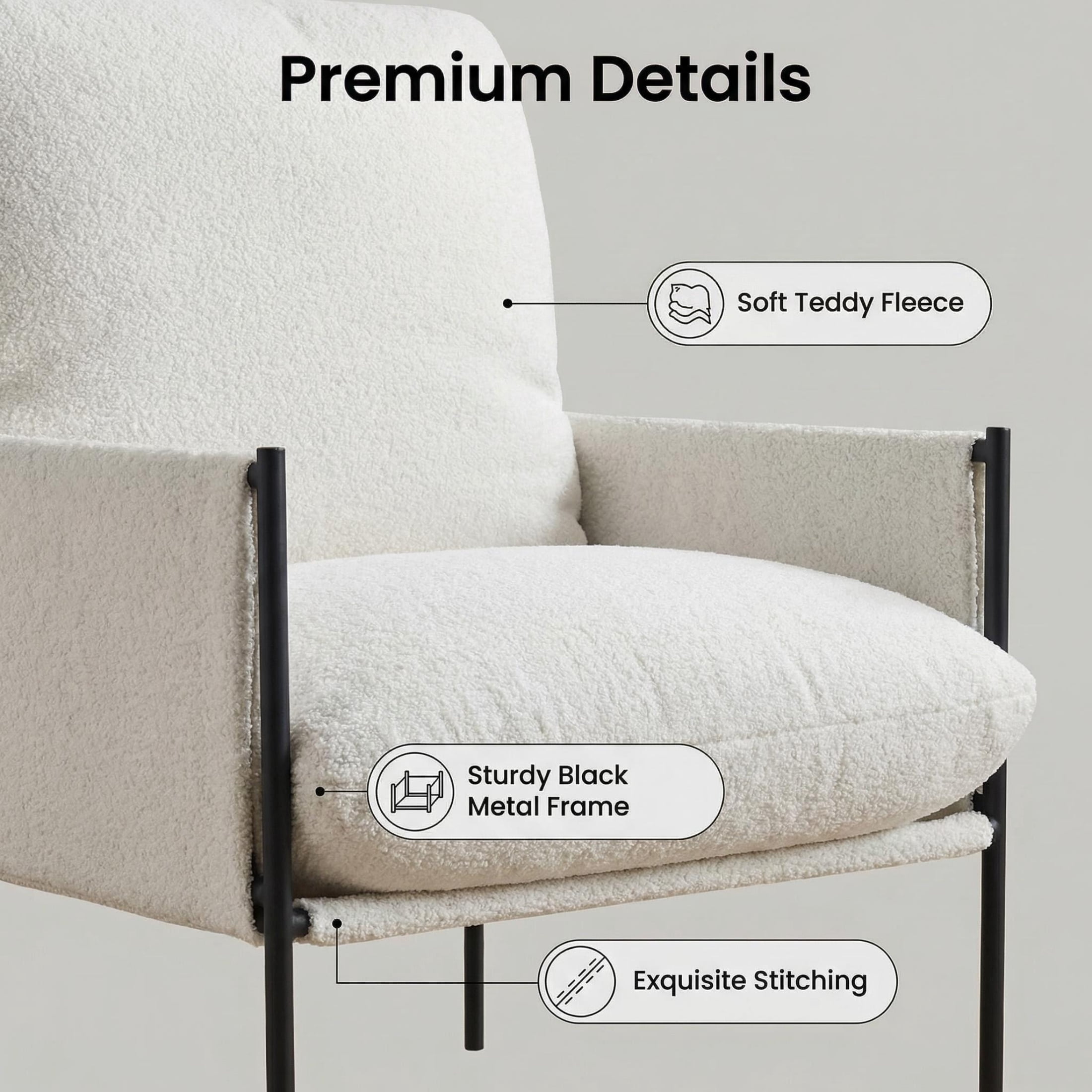 Vinform Modern Accent Chair, Arm Chair with Removable Cushion, Metal Frame for Living Room, White