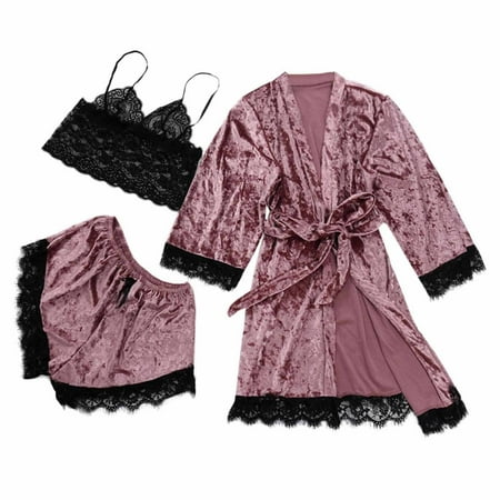 

HHei_K bras for womens Women s Fashion Casual Attractive Black Lace Three Piece Attractive Home Pajama Set