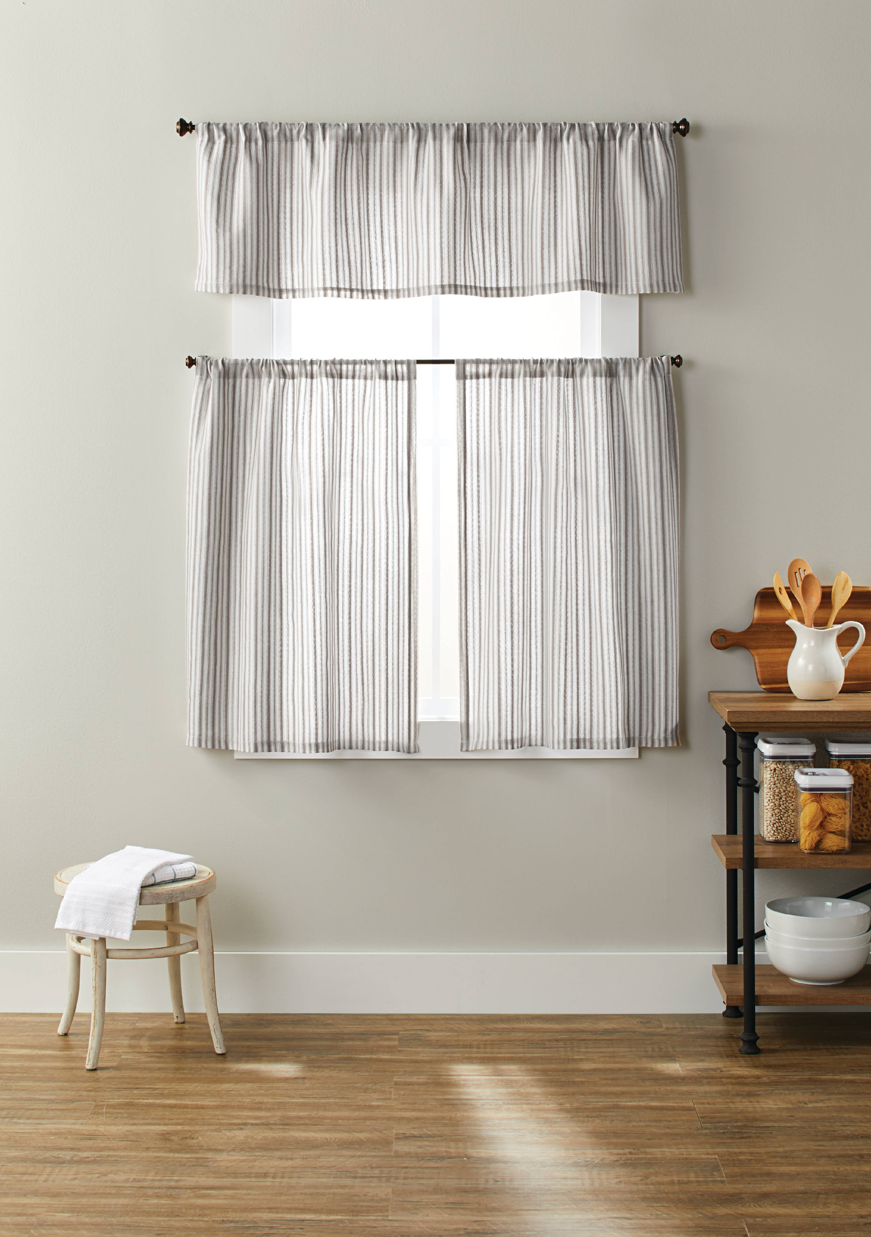 Better Homes & Gardens Ticking Stripe Light Filtering Rod Pocket Kitchen Curtain Tier and Valance Set, 3 Piece, Gray, 56 x 36