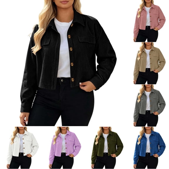 DYTTDG Women's Corduroy Cropped Shacket, Button Front Long Sleeve Jacket with Chest Pockets, Oversized Solid Color Coat for Fall
