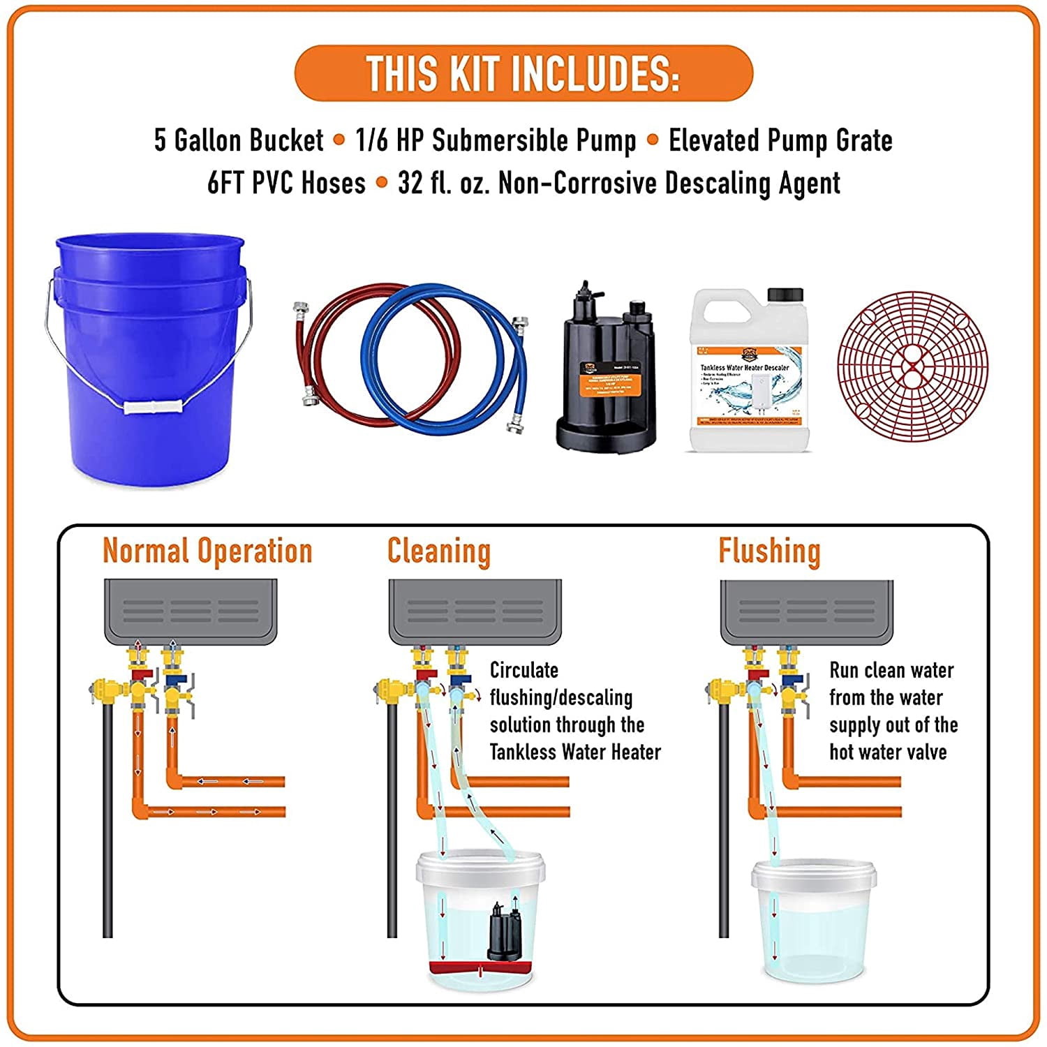 Optimized Item Name  Chromex Tankless Water Heater Descaler Flush Kit with 128 fl oz Solution, 1/6 HP Pump, 5 Gallon Bucket