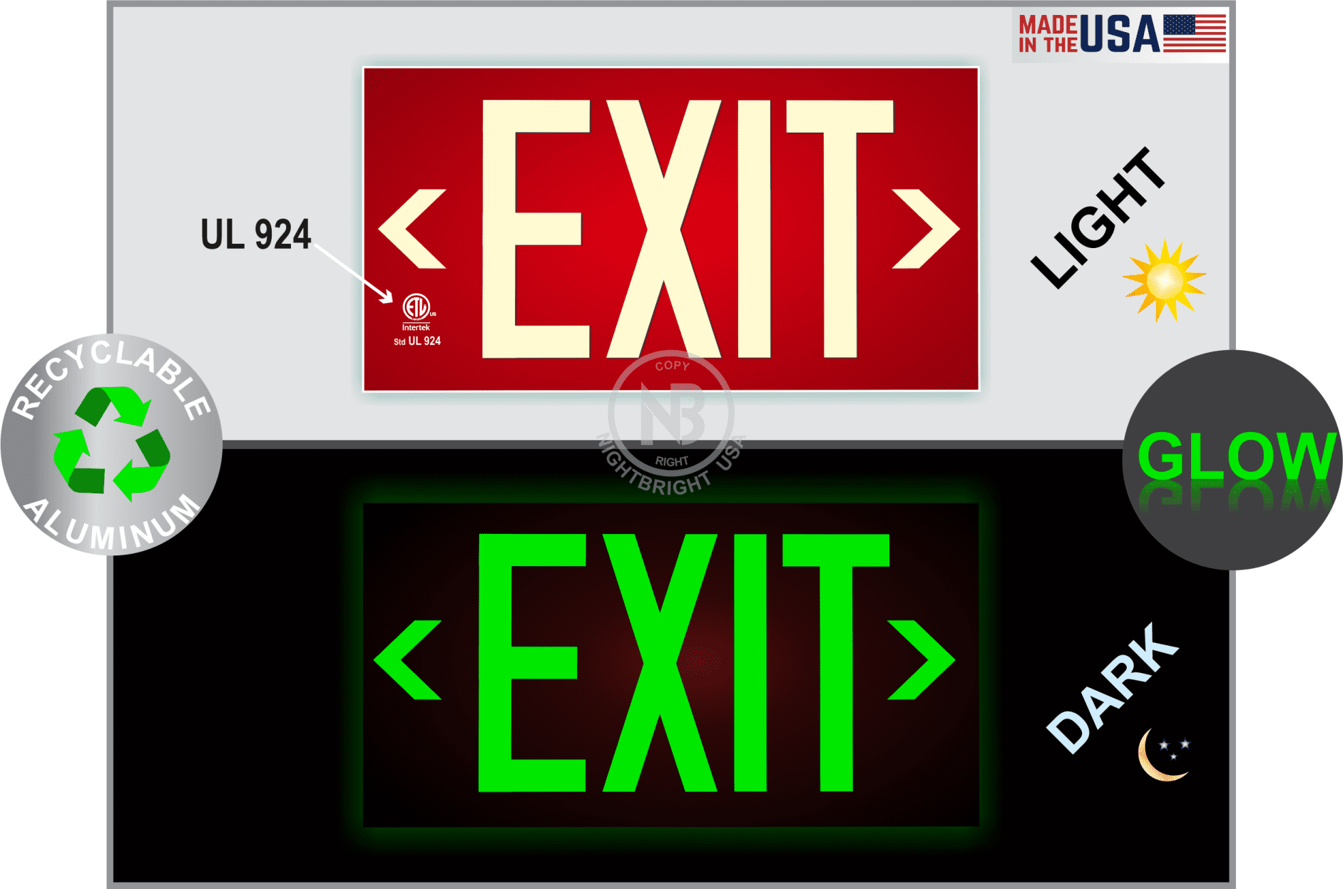Photoluminescent Exit Sign Red Aluminum Code Approved UL 924/IBC 2012