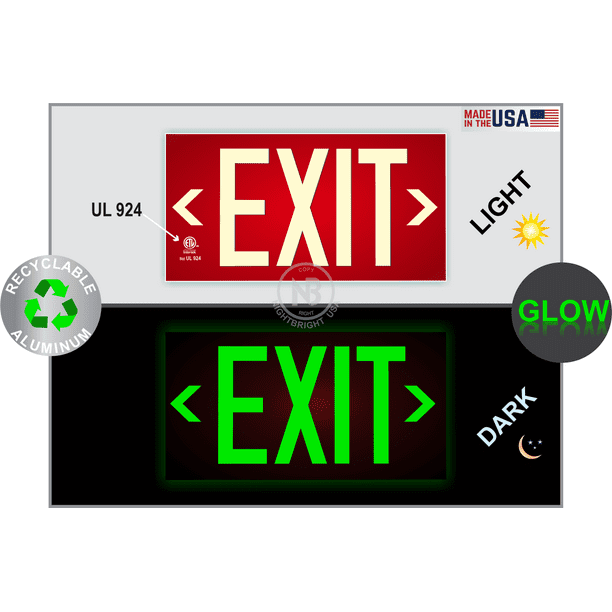 Photoluminescent Exit Sign Red Aluminum Code Approved UL 924/IBC 2012