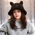 thumbnail image 2 of Ferjadq Kids Fuzzy Fleece Cat Ear Bucket Hat Short Brim Cute Winter Fisherman Cap for Toddler Girls Multi Tone Black,2-8 Years, 2 of 5