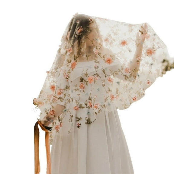 Floral Pink Flowers Embroidered Wedding Veil, Princess Short Face Blusher, 1-Layer Bridal Veil
