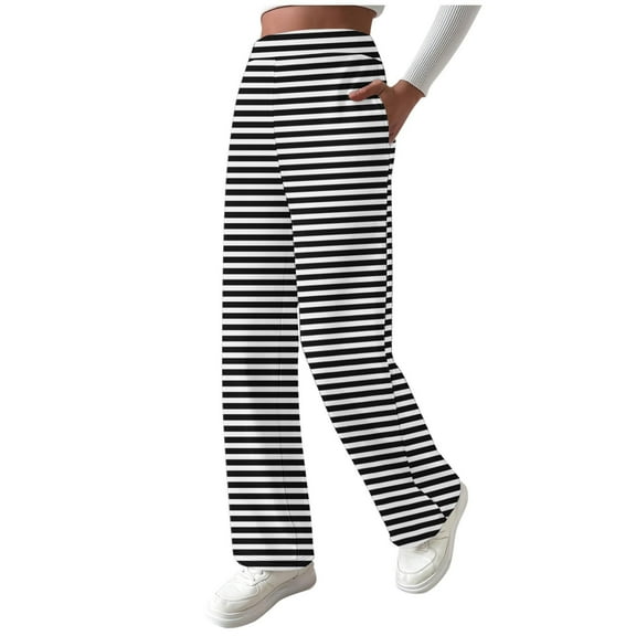 Maean Women's Striped Pants Fleece Fuzzy Lined Straight Leg Loose Trousers Casual High Waist Sweatpants
