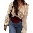 thumbnail image 3 of Women Dressy Casual Blouse Business Long Sleeve V Neck - Tops Office Work Outfit Beige L, 3 of 9