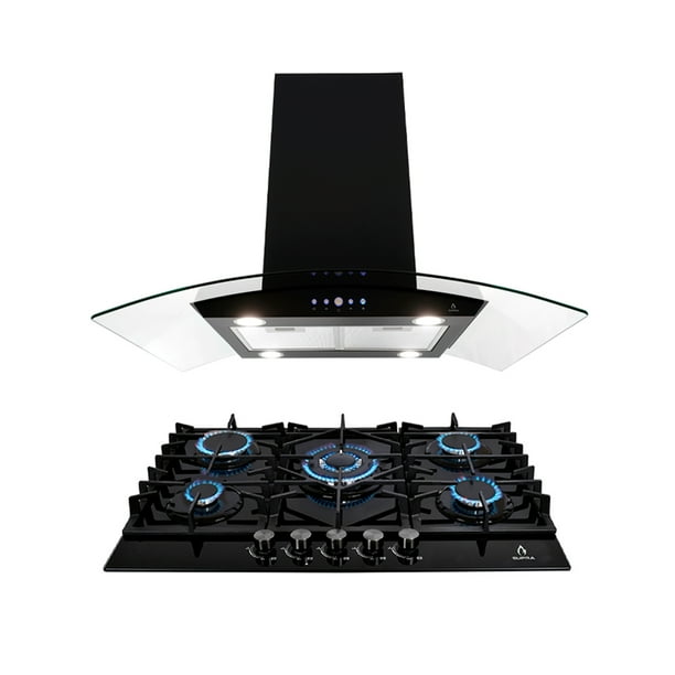 Combo Supra con campana de isla de 76 cm y parrilla empotrable para gas en color negro SUPRA Combo supra con parrilla de 76 cm y campana de Isla en color negro