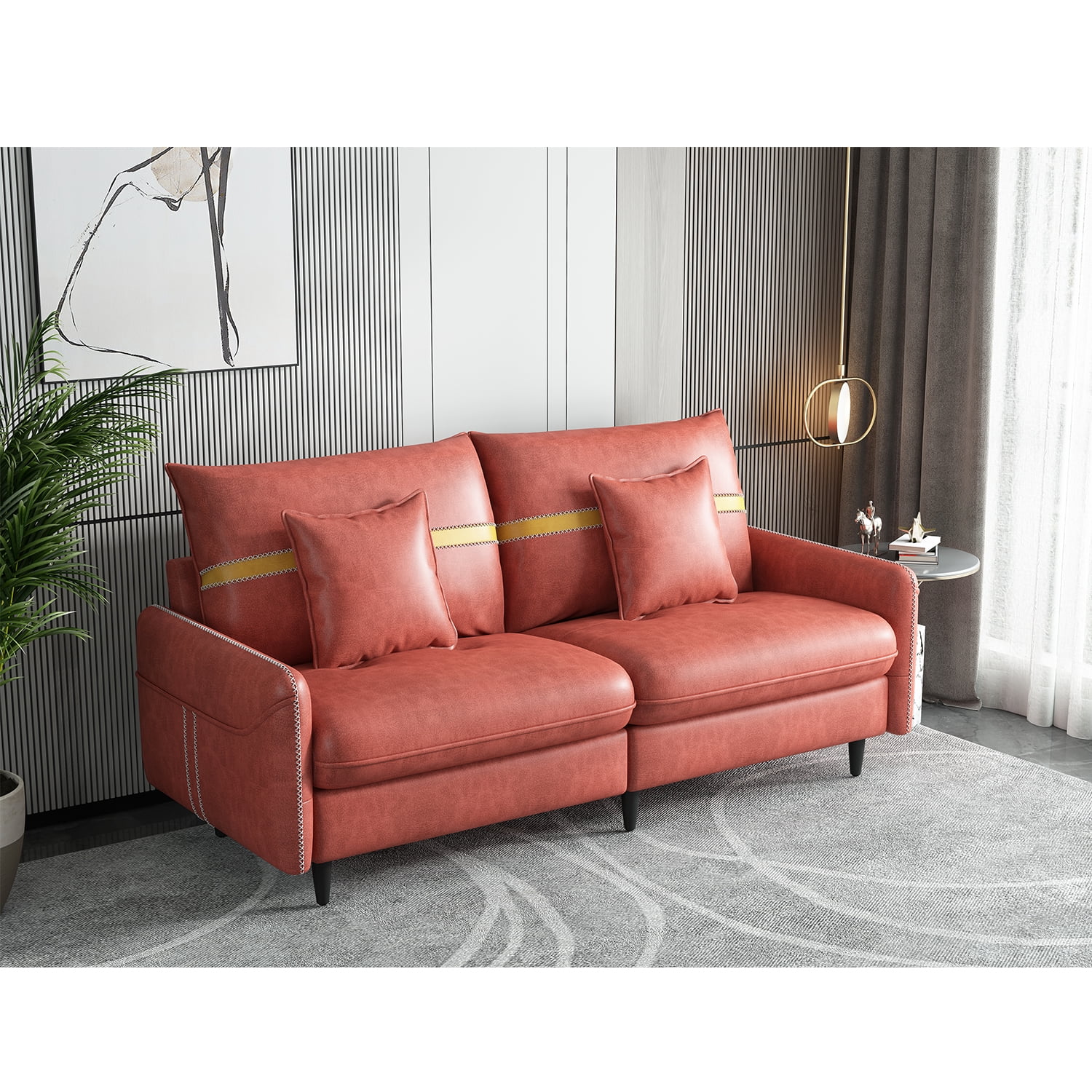 Kadyn 3-Seat Sofa Couch, Mid-century Tufted Love Seat with 2 Pillows, Modern Upholstered Sofa for Apartment, Orange Kadyn 3-Seat Sofa Couch, Mid-century Tufted Love Seat with 2 Pillows, Modern Upholstered Sofa for Apartment, Orange