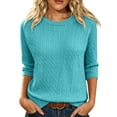 thumbnail image 2 of WULMLEO Women's Cable Knit Sweaters Crewneck Three Quarter Sleeve Soft Pullover Tops Light Blue 2XL, 2 of 5
