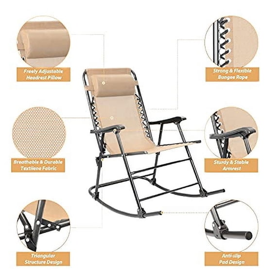 Devoko Patio Rocking Zero Gravity Chair Outdoor Wide Recliner Chair for Lawn Beach Camping Poolside with Headrest Pillow (Beige)