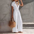 thumbnail image 4 of Women's Resort Jumpsuit, Casual Loose Wide Leg With Zip-Up Front & Stand Collar, Short Sleeve Vacation One-Piece With Belt White XL, 4 of 6