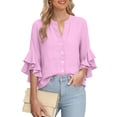 thumbnail image 4 of ClodeEU Womens Ruffle 3/4 Sleeve Blouse Tops ,V Neck Business Casual Blouses Shirts with Buttons Hot Pink,Womens Plus XXXL, 4 of 7