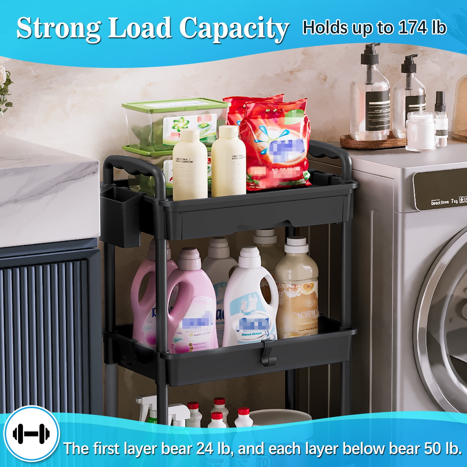 3 Tier Rolling Utility Cart with Removable Drawer, Bathroom Storage Organizer with 2 Lockable Wheels, Mobile Shelving Unit for Kitchen, Office, Snack, Craft, Makeup, Baby Essentials, Black