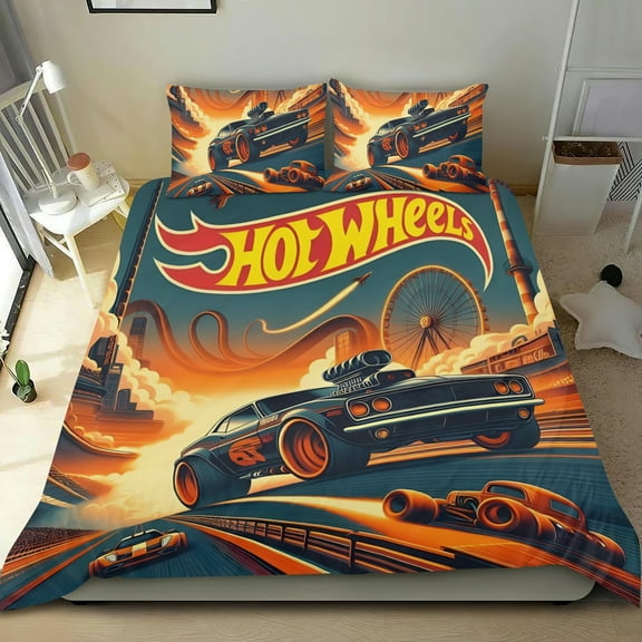 Hot Wheel Themed Bed Sheet Set Three Piece Set 53x79 Inches Comfortable And Skin Friendly Unique Design Creating A Star Studded Night
