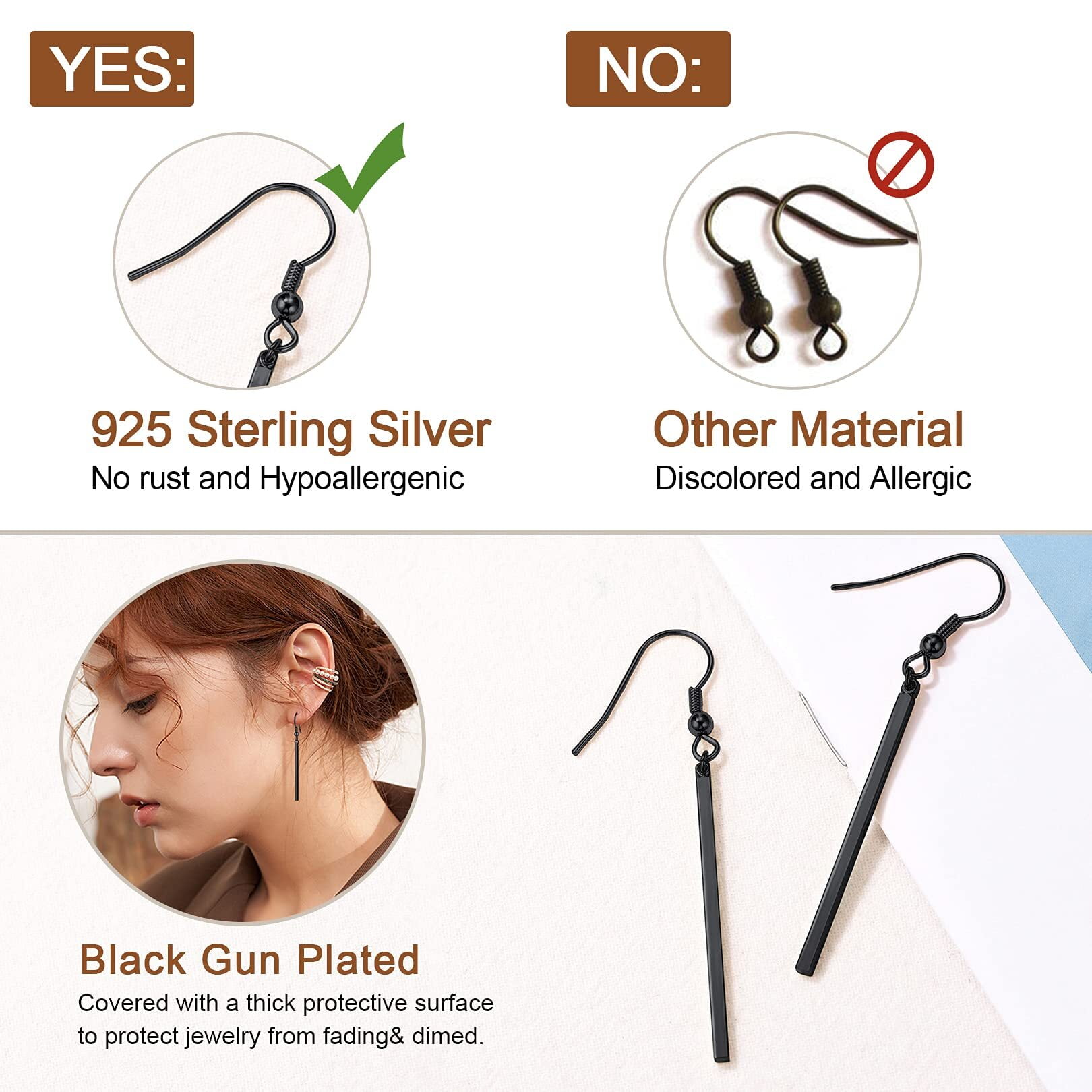 FOCALOOK Black Dangle Earrings for Women Hypoallergenic Minimal Long Thin Drop Dangling Vertical Bar Earrings