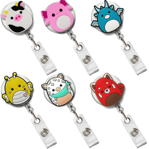 6 Pcs Squishmallow Badge Reel, Cute Squishmallow Character Retractable Badge Holders Animal Badges Reel, Cow Cartoon Cute Retractable Badge Reel Retractable, Doctor Teacher Nurse Badge Clip