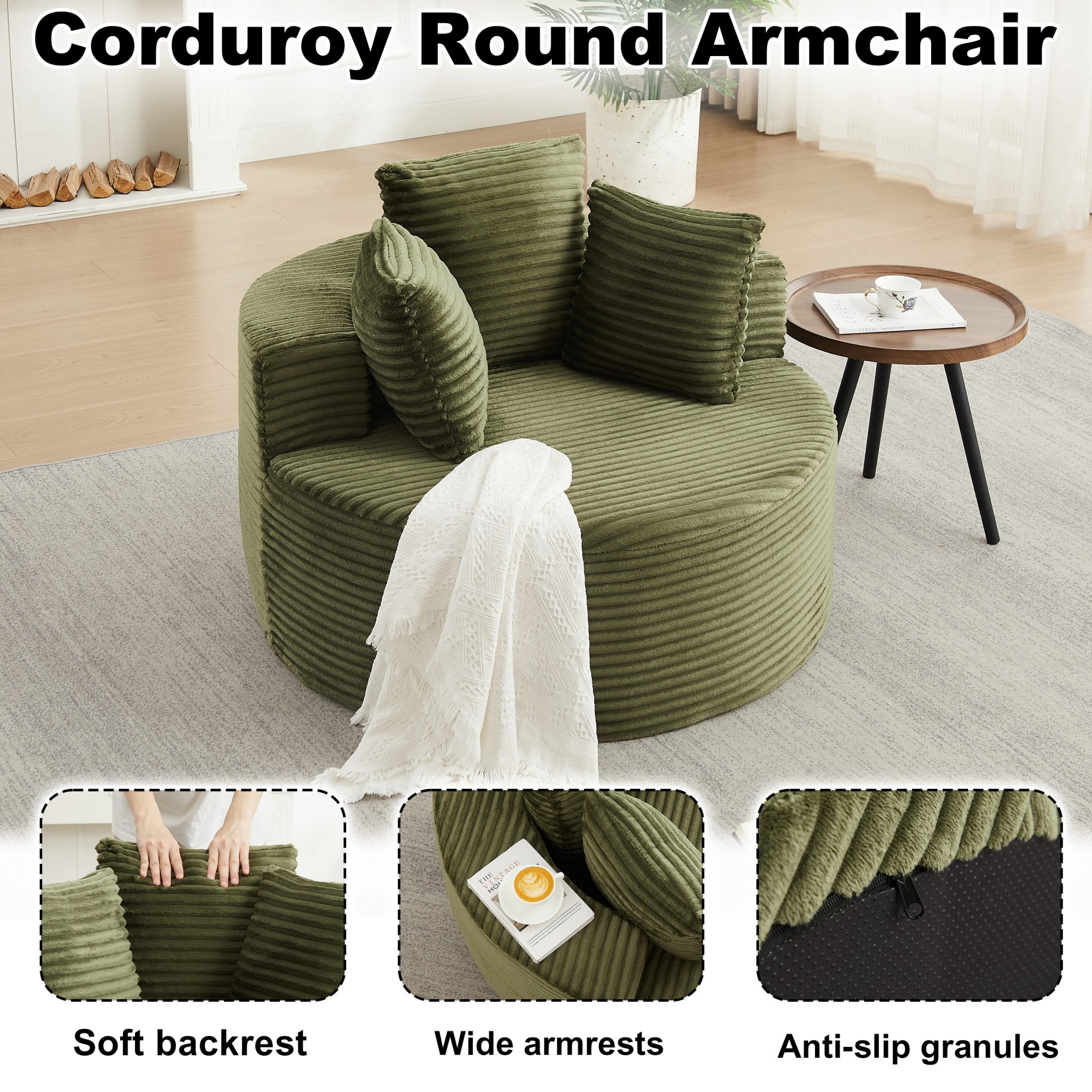 Aukfa 43" Oversized Round Chair with 3 Pillows, Corduroy Cloud Lounge Sofa Chair for Living Room/Bedroom, Green