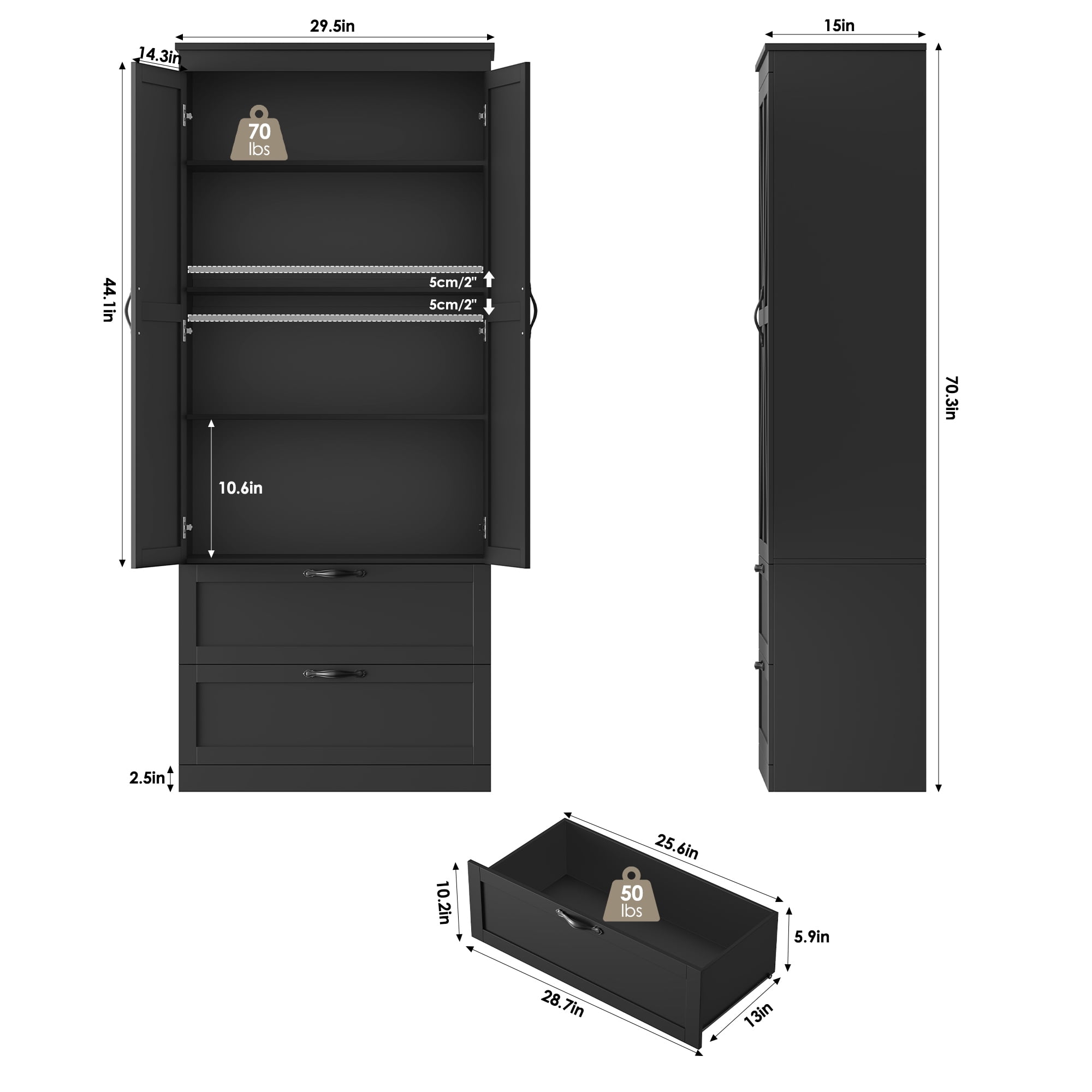 Homfa 70.3"H Bathroom Storage Cabinet, Farmhouse Linen Storage Cabinet with 2 Drawers, Black