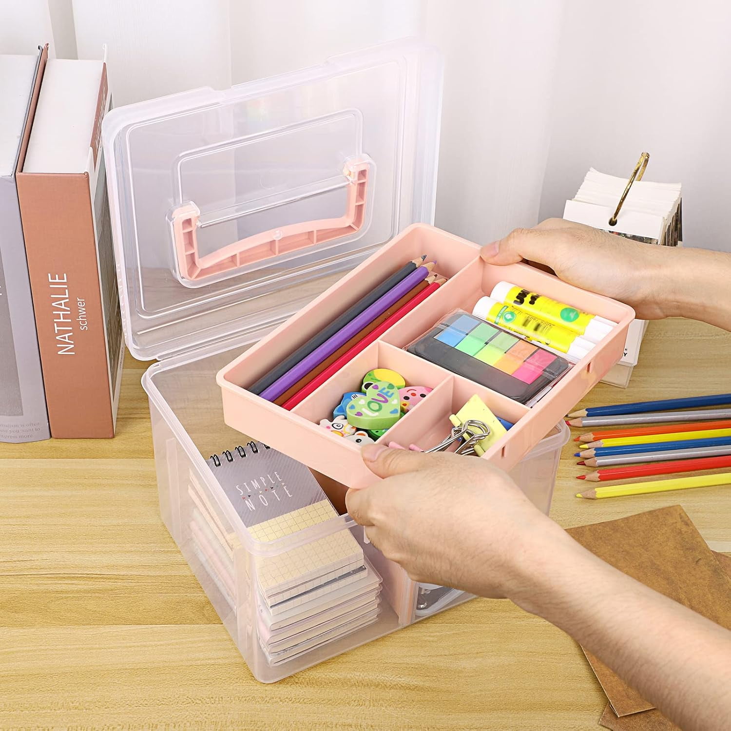 ABPETE 2 Layer Clear Plastic Dividing Storage Box with Removable Tray Multipurpose Stationery Storage Box with Handle Portable Sewing Box Art Craft Supply Organizer Home Utility Box (Small Pink)