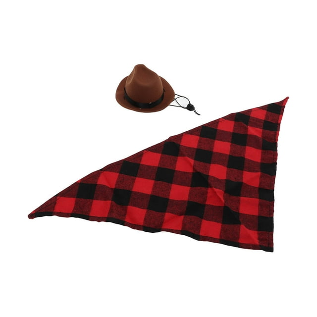 Pet Cowboy Costume Set, Polyester Material Cat Cowboy Hat Triangular Scarf Stylish For Birthday Parties For Cowboy Hat Dress Up Brown+Red Grid,Brown+Green Grid,Black+Red