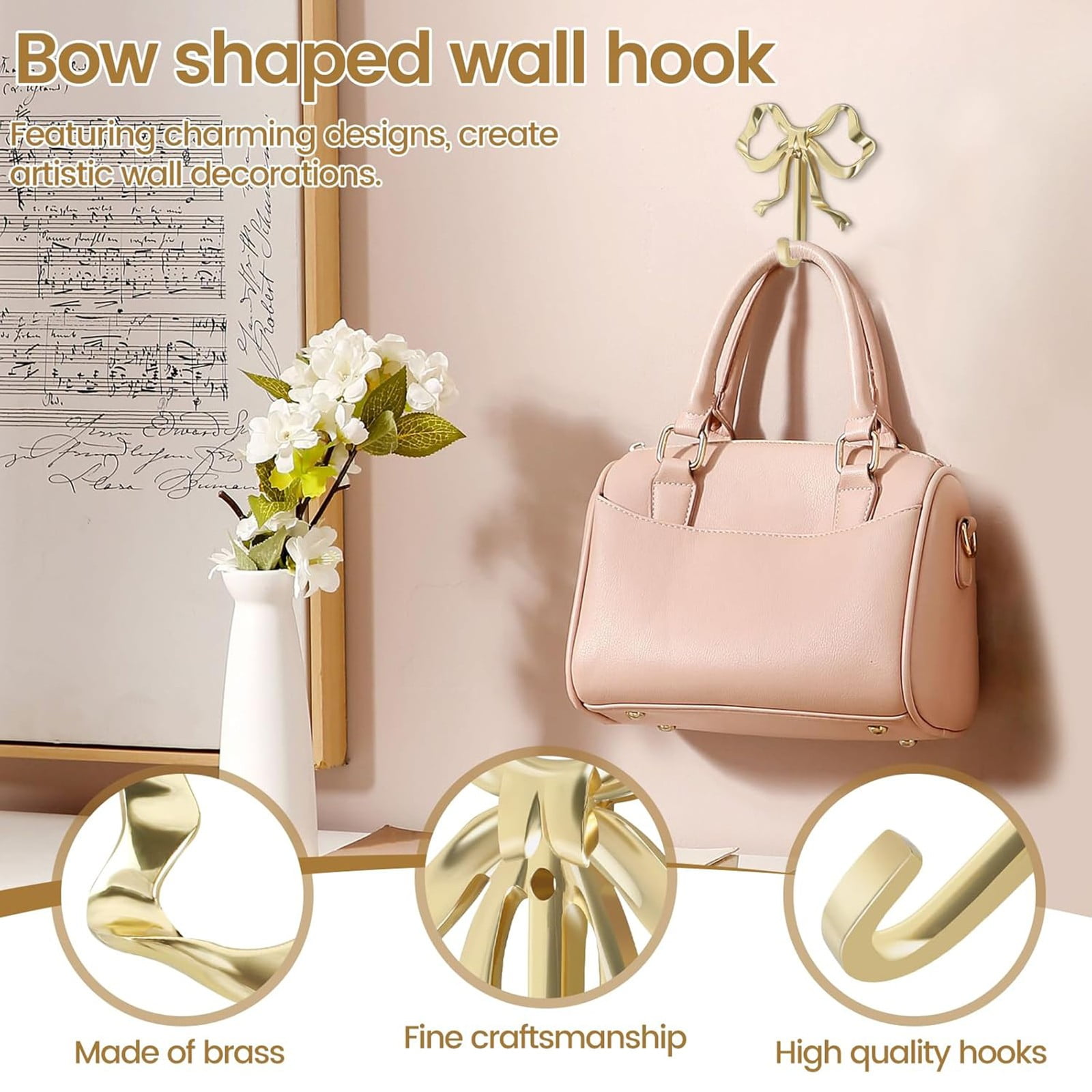 Command Hooks - Qyaukm 4-Pack Bow Shaped Hooks, Decorative Brass Wall Hooks for Towels, Hats, Bags, Keys, Bathroom Bedroom Living Room, Gold Bow Hangers S, 4X Brass Bow Hooks