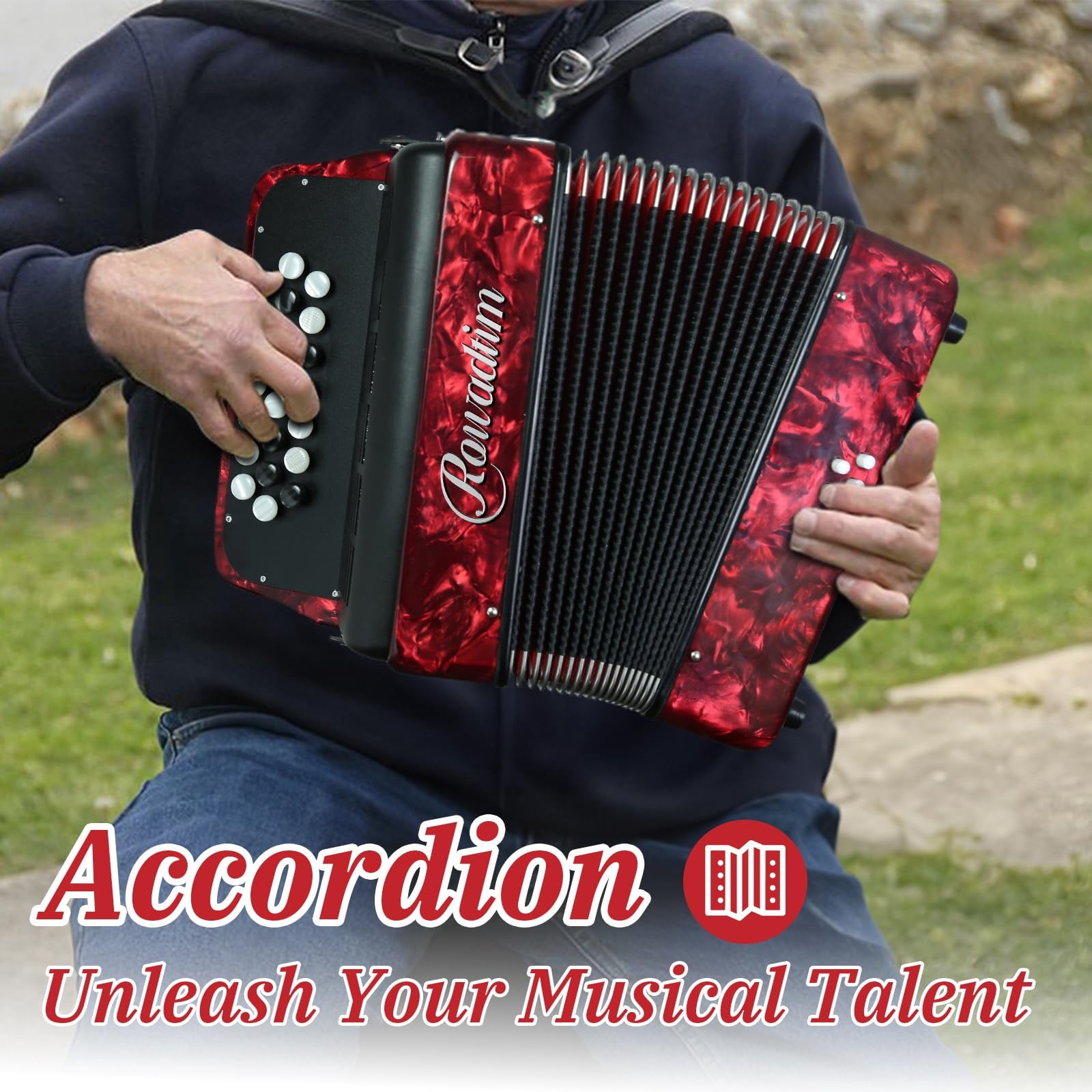 Rowadtim 22 Keys Accordion, 8 Bass Student Piano Accordions Suitable for Beginners and Students; Lightweight and Portable,  with  Backpack and Adjustable Straps (Red)