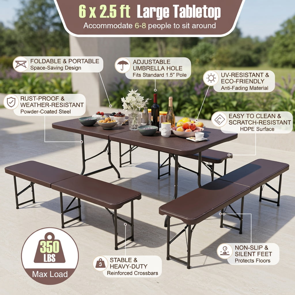 Hommoo 6 ft Folding Picnic Table with Weatherproof Wood-Grain HDPE Top, Heavy-Duty Metal Frame, Coffee
