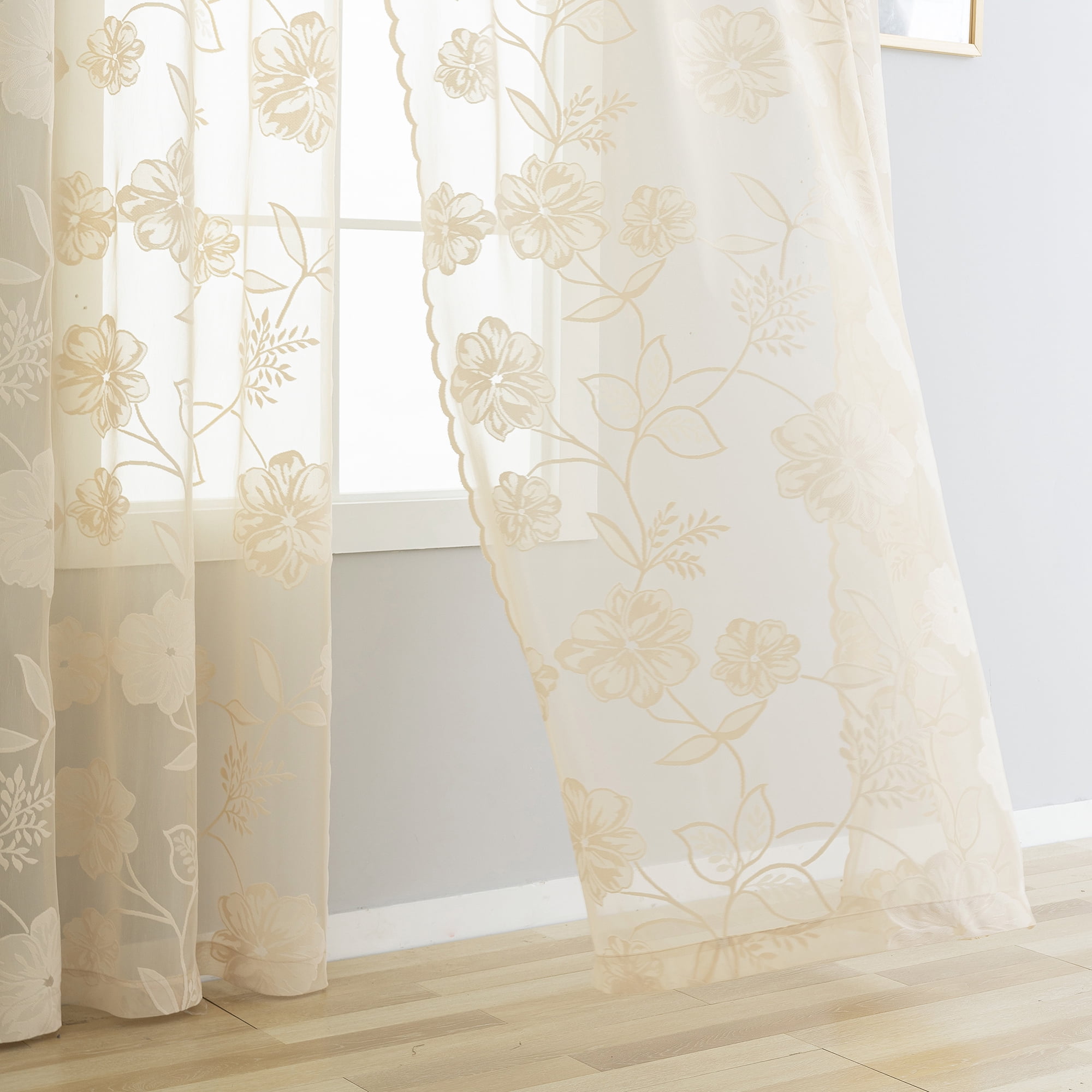Exultantex Lace Curtains for Living Room 90" Vintage Rose Floral Embroidered Semi Sheer Curtain 2 Panles,Ivory,Rod Pocket