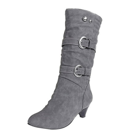 

Egmy Women Boots Winter Warm Mid Heel Fashion Slip-On Mid-Calf Belt Buckle Casual Shoes Gray 8.5(41)
