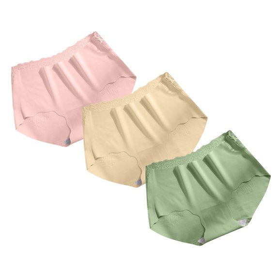 WRKEKC Underwear Women Pack 3 PC Comfortable Silk Like Seamless Mid Waist Cut Out Lace Trim Breathable Lightweight Triangle Panties