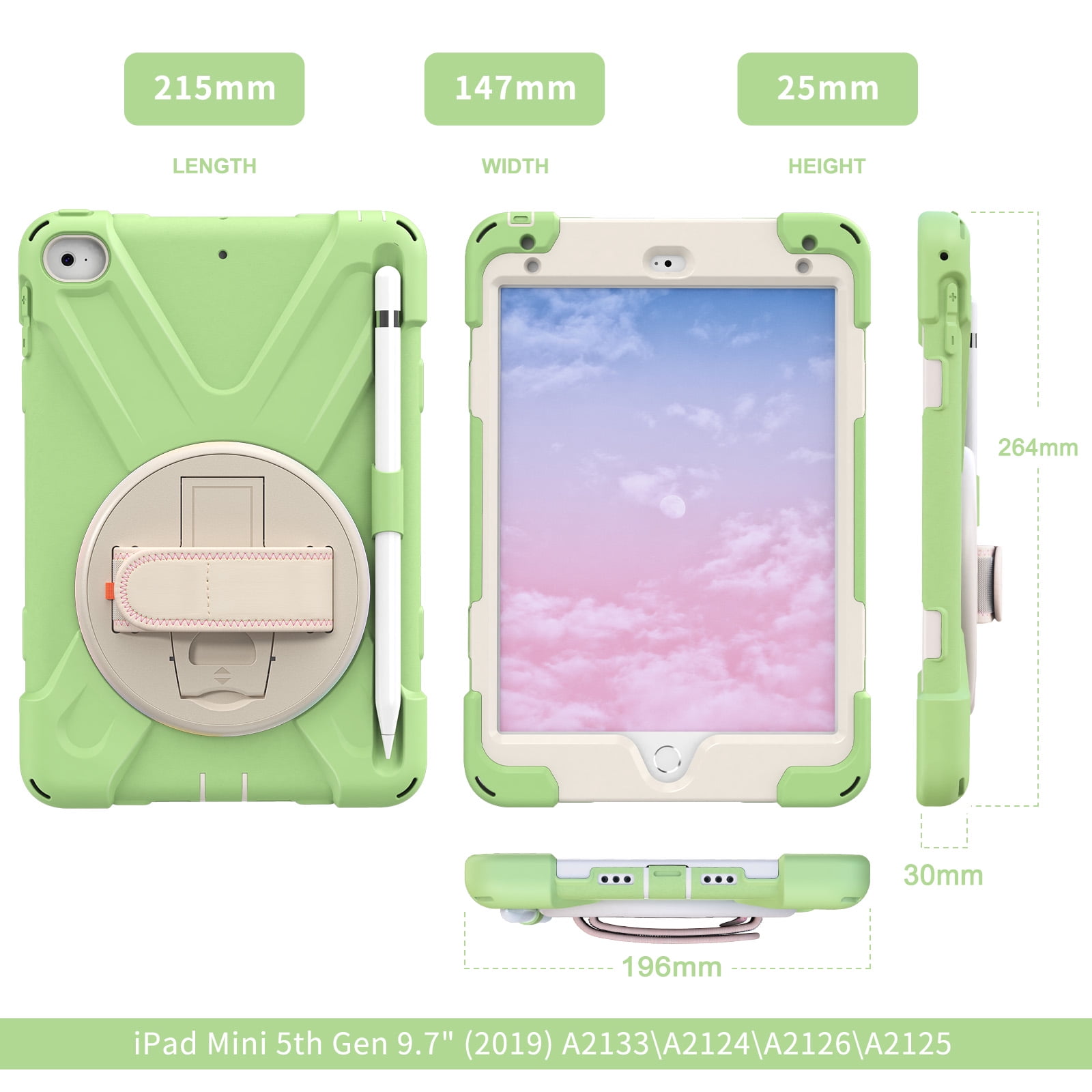 Allytech iPad Mini 5 Case Kids, iPad mini 4 Case with Screen Protector, Heavy Duty Protection Rugged Kids Friendly Shockproof Kickstand Pencil Holder Cover for Apple iPad mini 4/ mini 5,Matchagreen