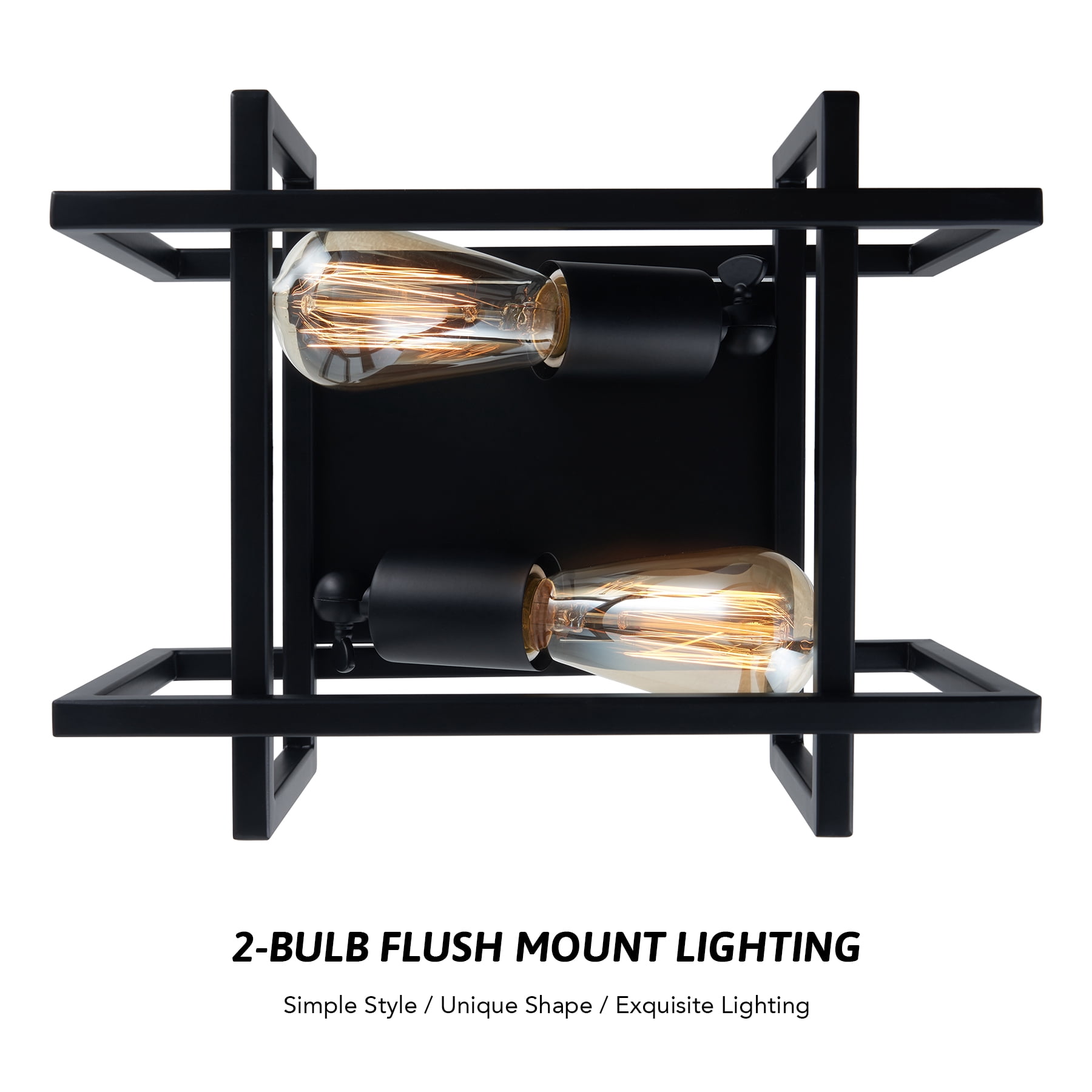 Square Flush Mount Ceiling Light Fixture with Open Geometric Metal Frame for 2 Bulbs up to 40W Each, Matte Black