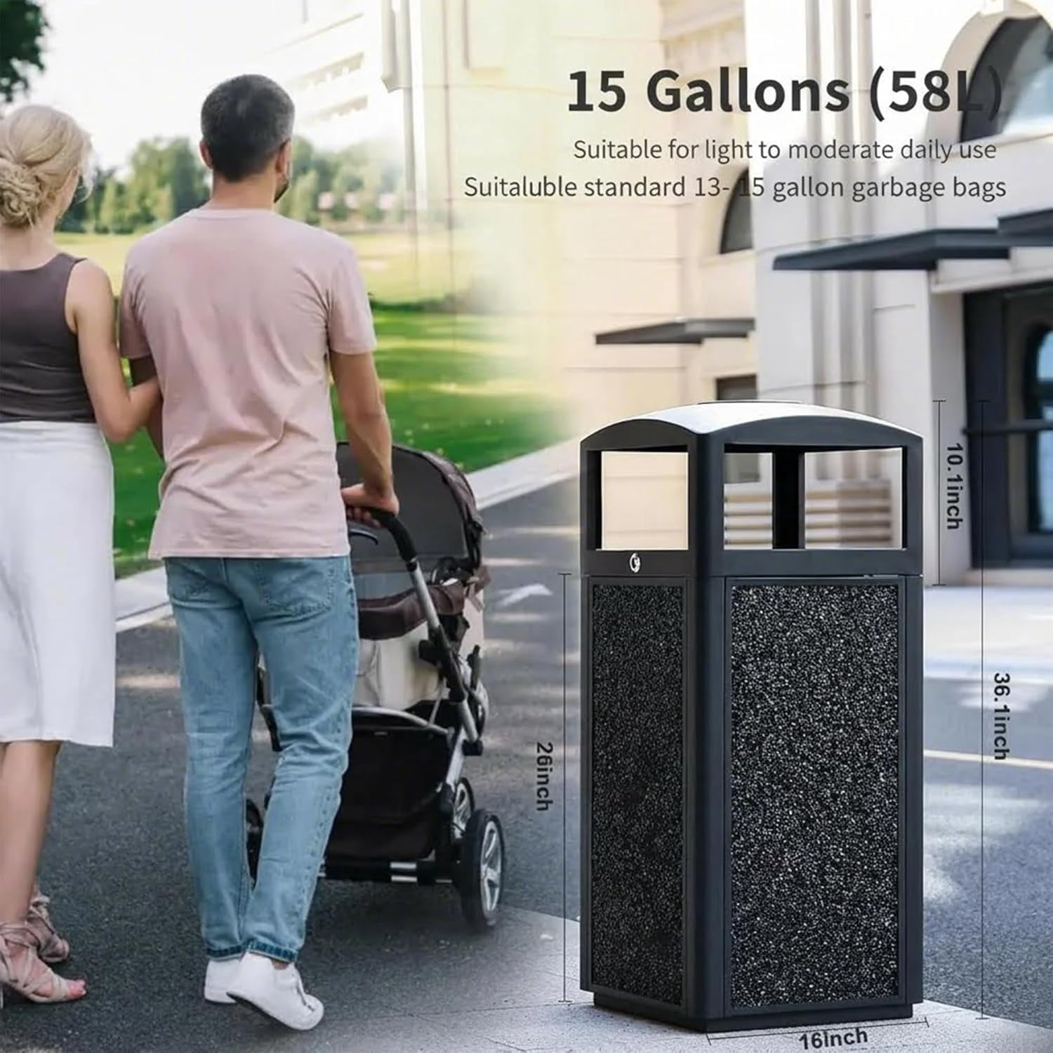 BERPET 15 Gallon Commercial Outdoor Trash Can with Ashtray Top, Steel Waste Receptacle with Stone Panels, Removable Liner and Locking Door