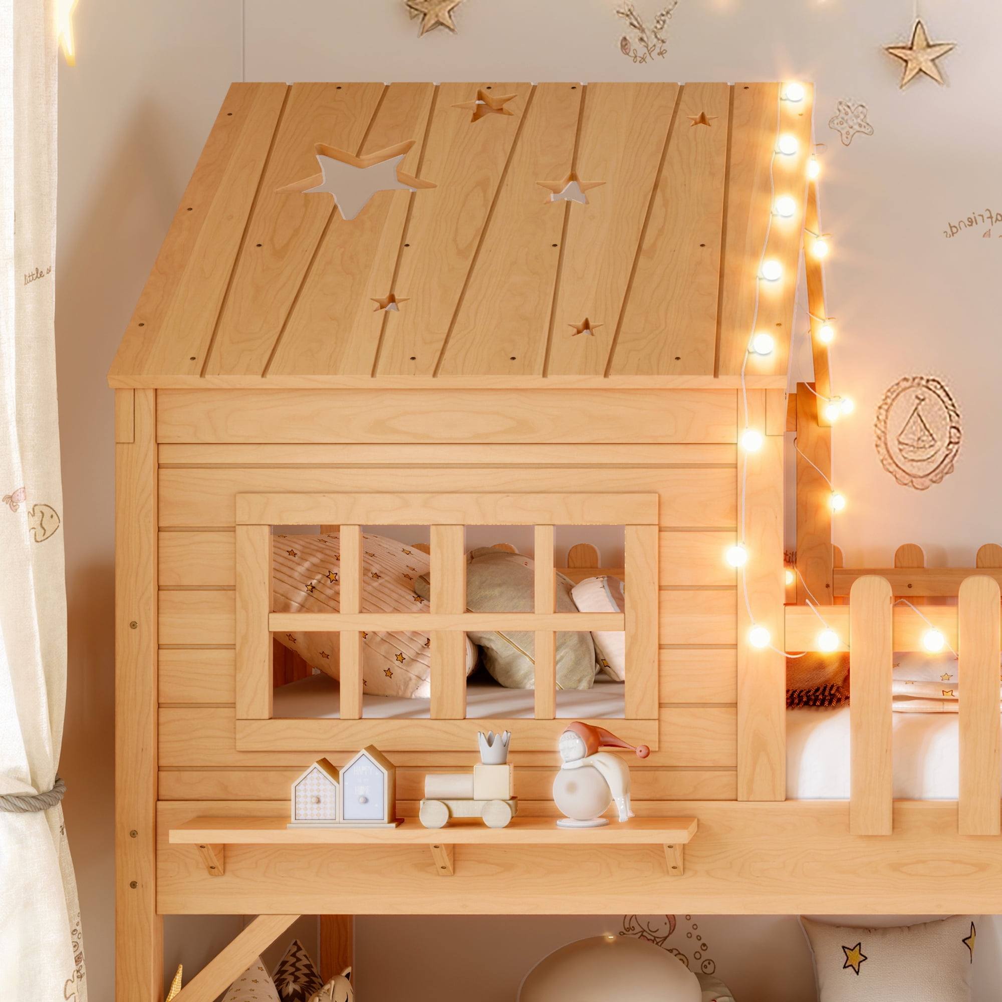Mintazer Twin Size Kids House Loft Bed with Slide & LED Lights, Modern Playhouse Bed with Star Shaped Designs & Ladder, No Box Spring Needed, Natural