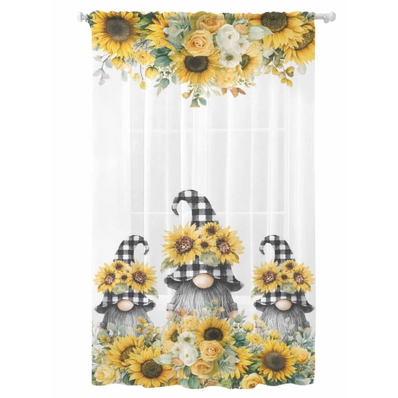 Sheer Curtains 84 Inches Long, Sunflower Gnomes Semi Sheer Curtains Light Filtering Window Treatment, Spring Eucalyptus Floral Watercolor Privacy Voile Drapes for Living Room Bedroom 52x84 Inch