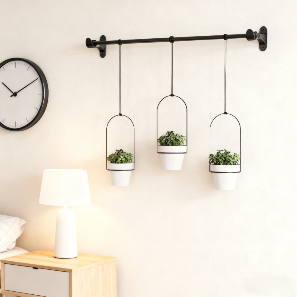 1 Set Adjustable Hanging Planters - Metal Wall Mounted Plant Holder with 3 Plastic Planter Pots for Indoor Herb Garden, Herb Planter Indoor, Balcony Planters & Window Plant Hanger