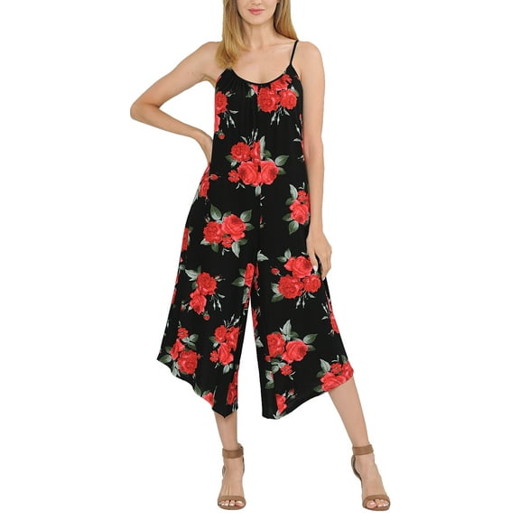 SSOULM Women's Pleated Spaghetti Strap Wide Leg Palazzo Capri Jumpsuit with Plus Size