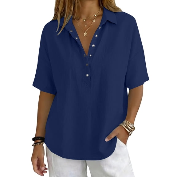 Women Button Front Lapel Short Sleeve Shirt Casual Solid Top,Dark Blue,2XL
