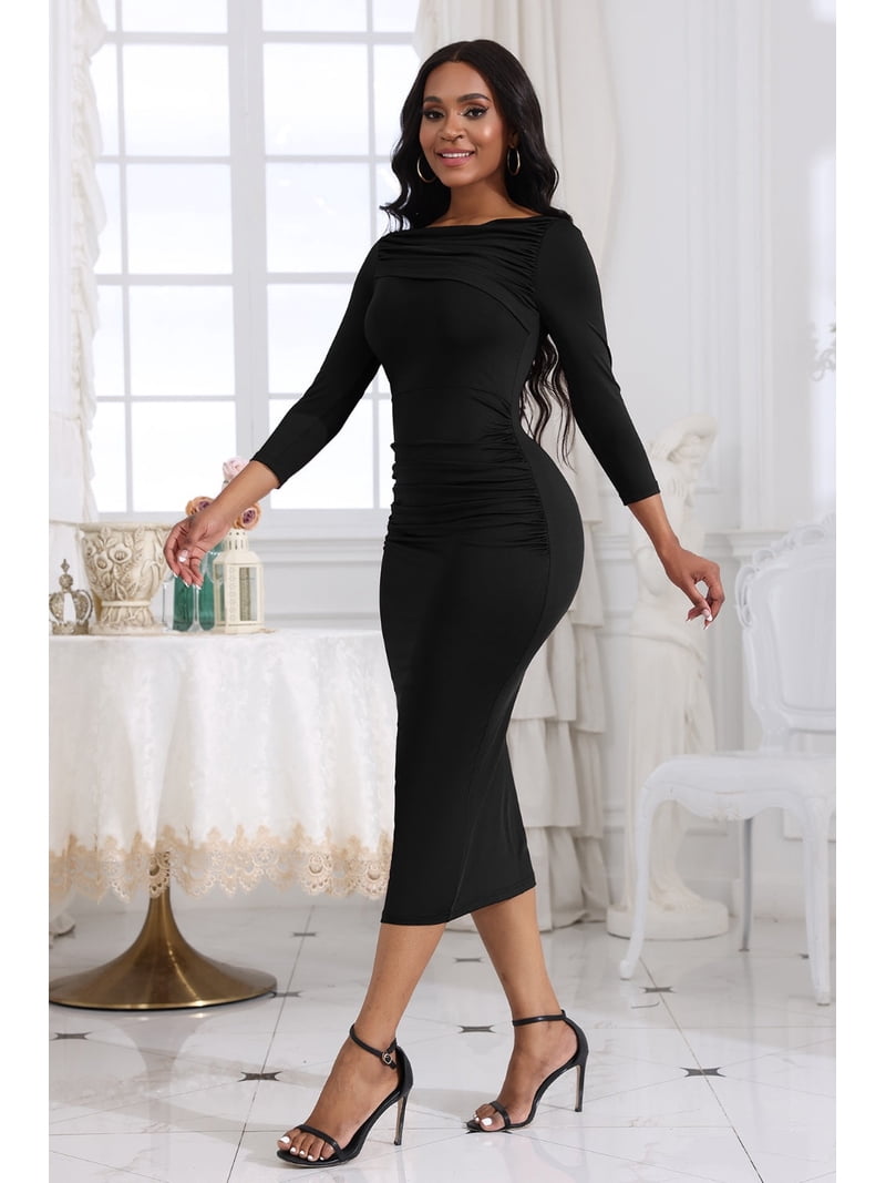 knee length dresses for ladies Polyester Spandex Off-shoulder Midi Dress – IULOVER