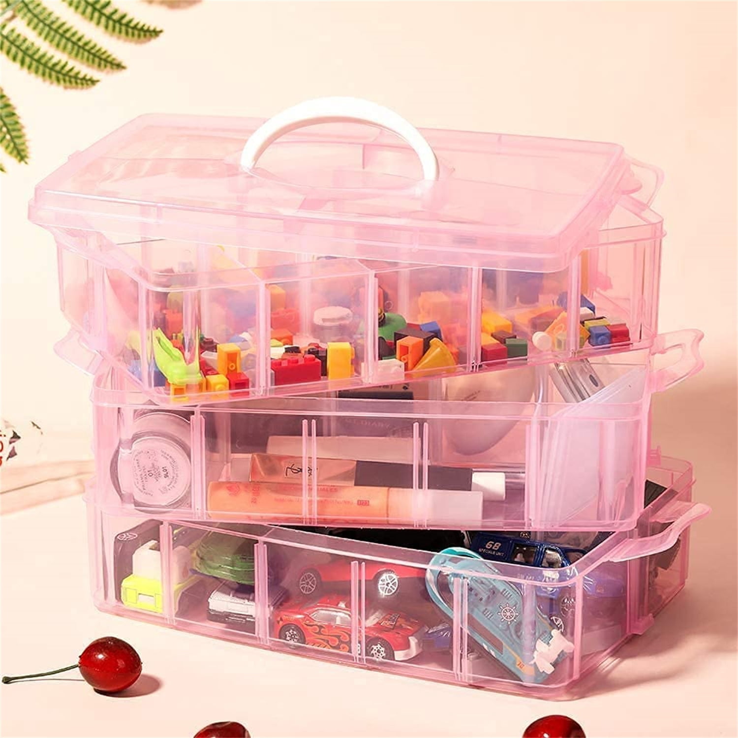 Casewin 3-Tier Transparent Stackable Adjustable Compartment Slot Plastic Craft Storage Box Organizer Snap-Lock Tray Container with 30 Compartment Pink