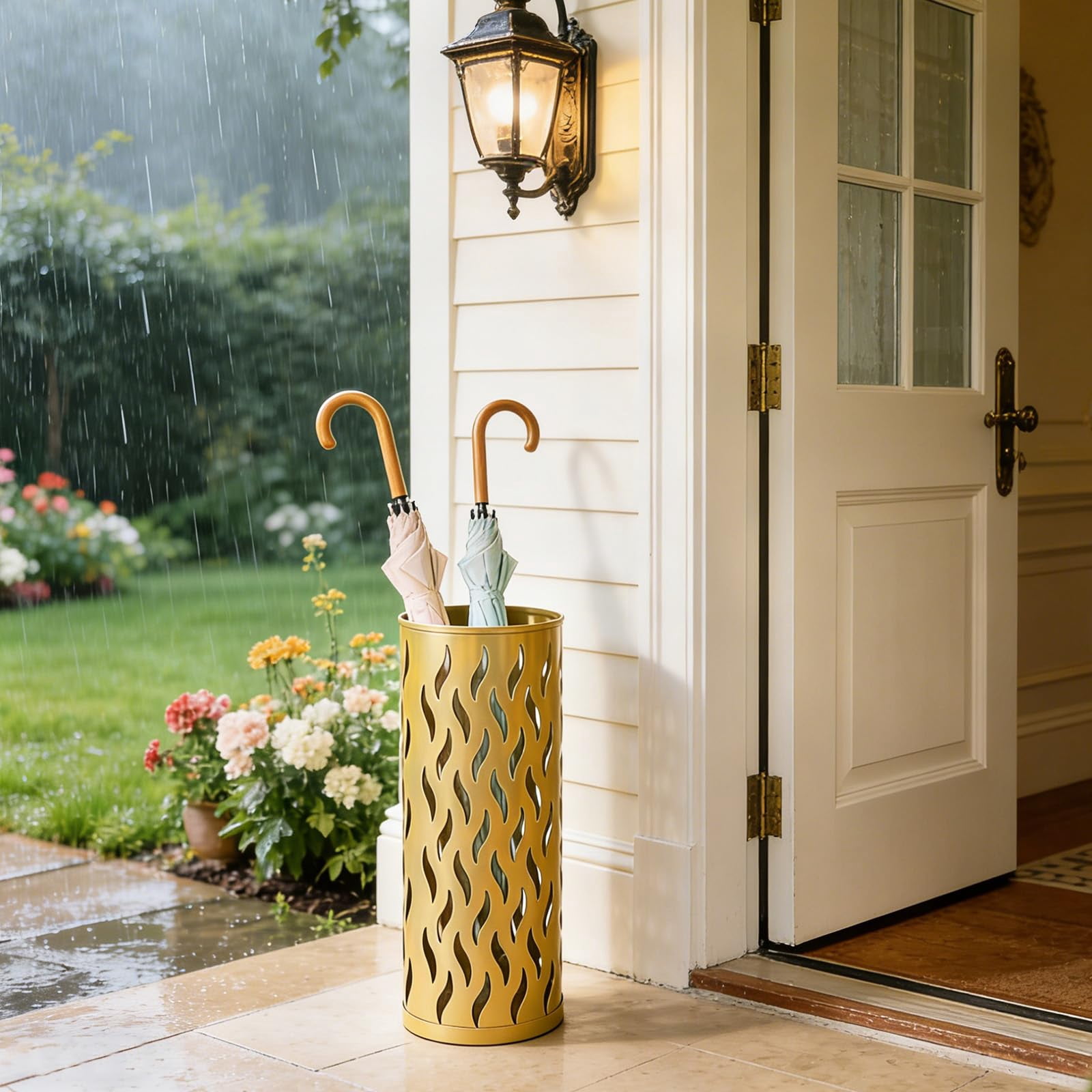 Umbrella Holder, Metal Umbrella Stand for Entryway, Umbrella Storage Rack with 4 Hooks Decor, Home, Office,5.8 × 5.8 × 16.4 (Black)
