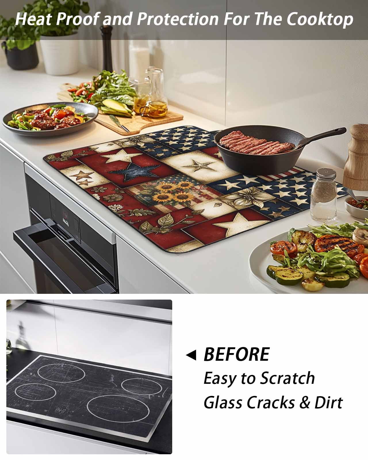 Stove Top Covers for Electric Stove, American Flag Glass Stovetop Cover Protector, Texas Star Farmhouse Sunflowers Blue Red Induction Cooktop Protector Oven Mat for Kitchen Countertop 24"x21"