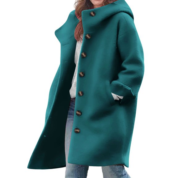 thefmos Women Plus Size Fall Winter Hooded Button Down Loose Coat Casual Basic Solid Fashion Outwear, Navy L