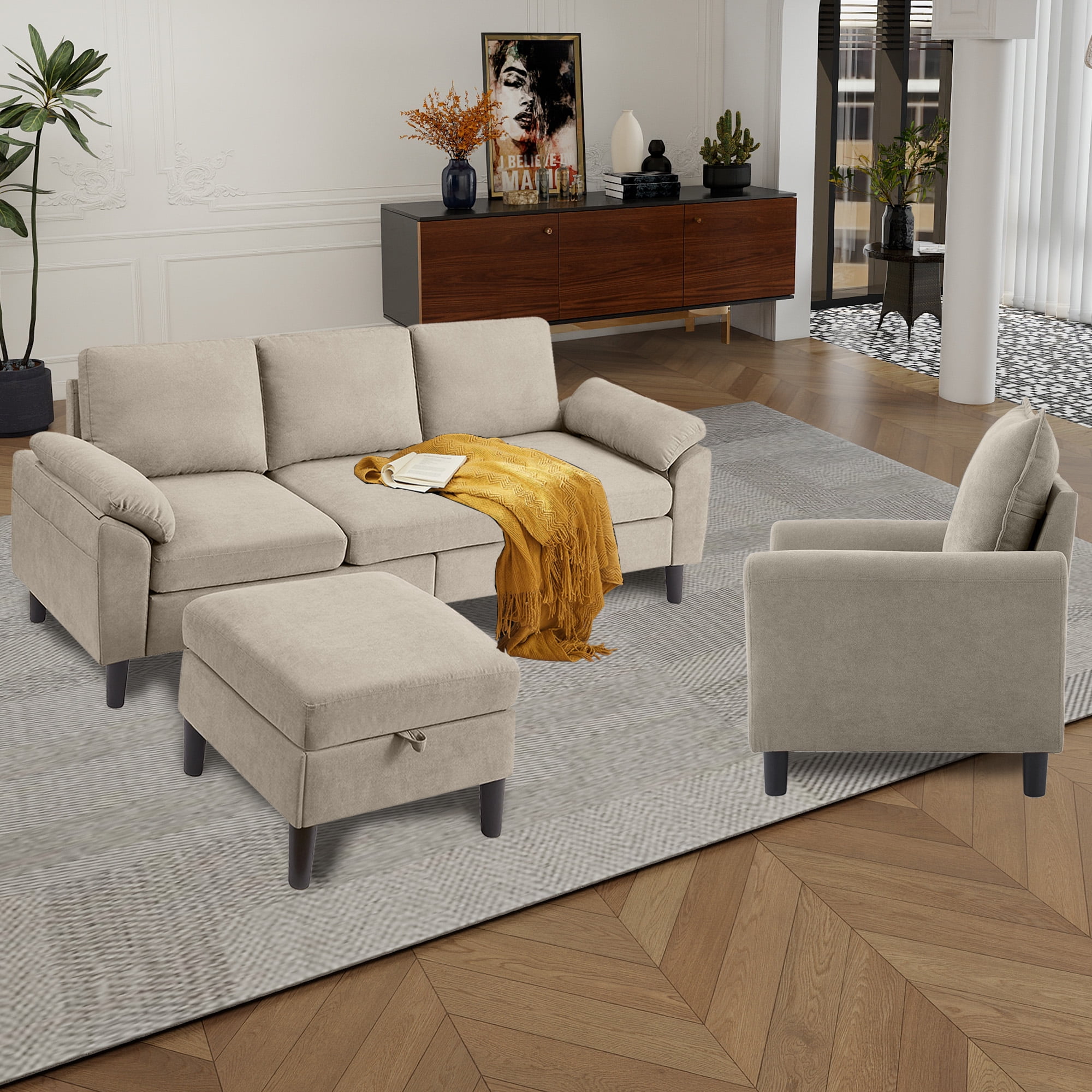 79" Convertible Sectional Sofa Set, Small L Shaped 3-Seat Couch with Reversible Chaise and Accent Chair, Modern Linen Sofas Couches for Living Room, Beige