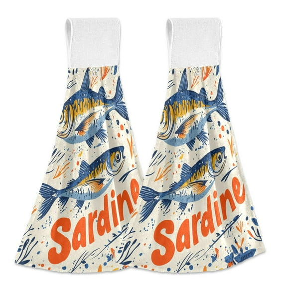 Yayeee Kitchen Hanging Hand Towels Set of 2 with Loop Bathroom Absorbent Tie Towel, Blue Sardines Pattern